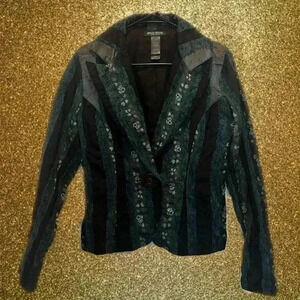 Bisou Bisou‎ Patchwork Button Front Whimsy Goth Office Siren Blazer Size 12